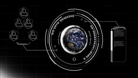 Animation-of-globe-with-icons-and-data-processing-over-black-background