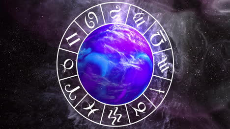 Animation-of-circle-with-zodiac-symbols-over-globe-on-black-background