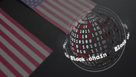 Animation-of-binary-coding,-block-chain-text-and-globe-with-flag-of-usa-over-black-background