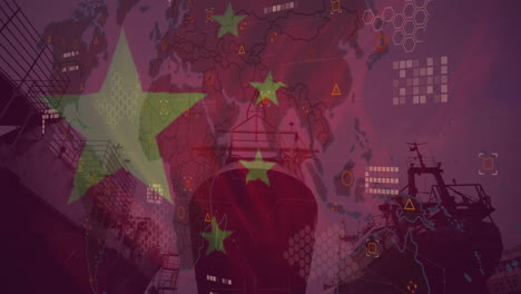 Animation-Von-Schiffen-Und-Datenverarbeitung-über-Der-Flagge-Chinas
