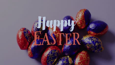 Animación-De-Texto-De-Feliz-Pascua-Sobre-Coloridos-Huevos-De-Pascua-Sobre-Fondo-Púrpura