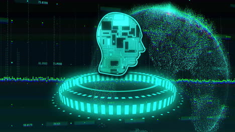 Animation-Eines-Kopfes-Mit-Datenverarbeitung-über-Einem-Globus