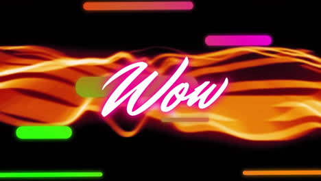 Animation-of-wow-text-in-glowing-pink-over-colourful-shapes-and-orange-waves-on-black