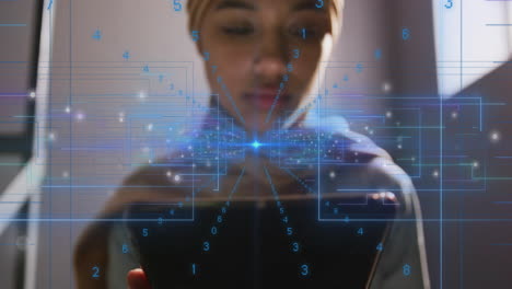 Animation-of-ai-text-and-data-over-biracial-female-student-in-hijab-with-tablet