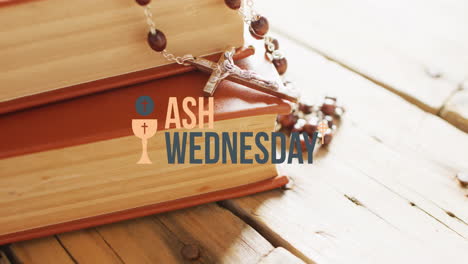 Animation-of-ash-wednesday-text-over-holy-bible-and-rosary-on-wooden-background