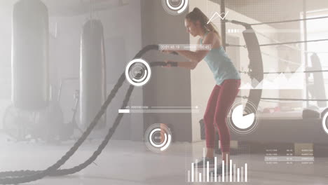 Animation-of-data-processing-and-diagrams-over-caucasian-woman-using-lines-at-gym