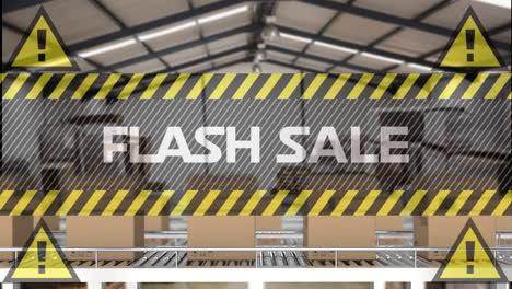 Animation-of-flash-sale-text-over-boxes-on-conveyor-belts