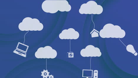 Animation-Von-Cloud--Und-Elektronischen-Gerätesymbolen-Auf-Dunklem-Hintergrund
