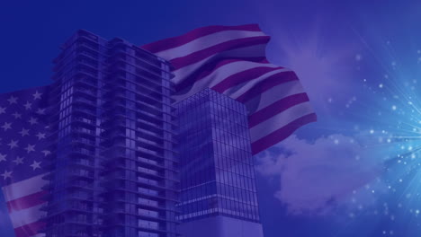 Animation-of-cityscape-and-flag-of-usa-over-light-spots