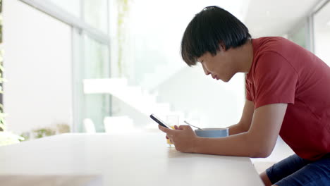 Teenage-Asian-boy-focused-on-his-smartphone-at-home,-with-copy-space