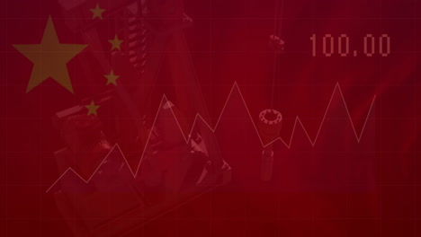 Animation-Von-Diagrammen-Und-Datenverarbeitung-über-Der-Flagge-Chinas