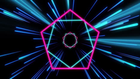 Animation-Von-Stroboskopischen-Blauen-Und-Rosa-Neonlichtstrahlen-über-Liniensechsecken-Auf-Schwarzem-Hintergrund