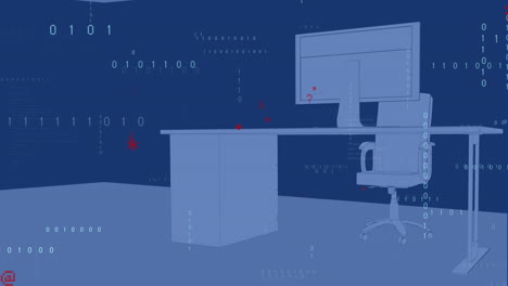 Animation-Der-Datenverarbeitung-über-Einem-Schreibtisch-Mit-Computer-Auf-Blauem-Hintergrund