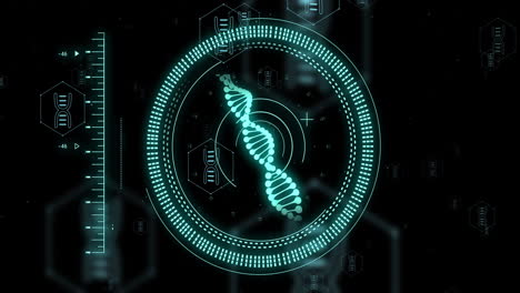 Animation-of-dna-strand-and-digital-data-processing-over-black-background
