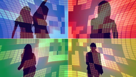 Animation-Von-Vier-Bildschirmen-Mit-Verschiedenen-Frauen,-Die-über-Blauen,-Roten,-Grünen-Und-Gelben-Lichtern-Tanzen