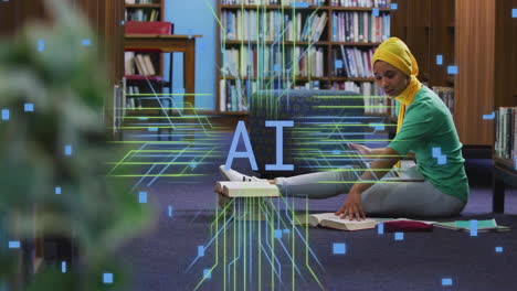 Animation-of-ai-text-and-data-over-biracial-female-student-in-hijab-with-laptop