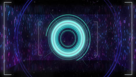 Animation-Von-Lichtblitzen-Und-Blauem-Kreisförmigen-Scanner,-Der-Daten-Auf-Schwarzem-Hintergrund-Verarbeitet