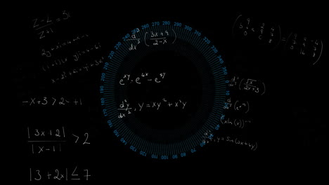 Animation-Mathematischer-Gleichungen-über-Blauem-Kreisförmigen-Scanner-Auf-Schwarzem-Hintergrund