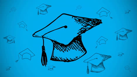 Animation-of-graduation-hats-on-blue-background
