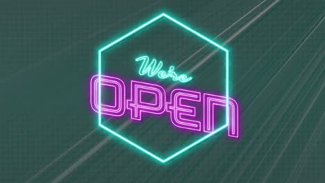 Animation-of-we're-open-neon-text-over-neon-pattern-on-green-background