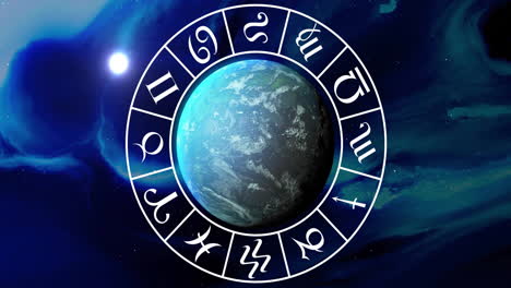Animation-of-circle-with-zodiac-symbols-over-globe-on-black-background
