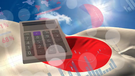 Animation-of-calculator-and-data-over-flag-of-japan