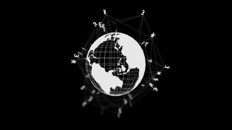 Animation-of-globe-with-data-processing-and-pound-signs-over-black-background