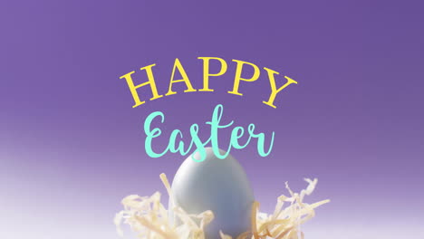 Animation-of-happy-easter-text-over-blue-easter-egg-in-hey-on-purple-background