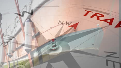 Animation-Eines-Kompasses-Mit-Pfeil,-Der-Auf-Einen-Reisetext-über-Einem-Teil-Des-Schiffes-Zeigt