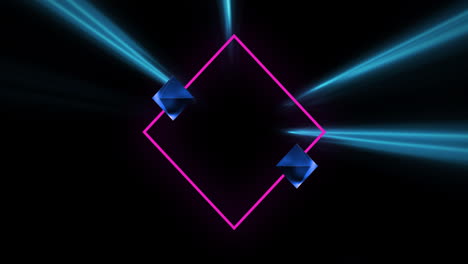 Animation-Von-Stroboskopischen-Blauen-Und-Rosa-Neonlichtstrahlen-über-3D-blauen-Diamanten-Und-Rosa-Diamanten-Auf-Schwarz