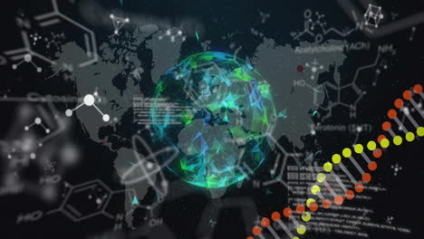 Animation-of-dna-and-scientific-data-processing-over-globe-and-world-map-on-black