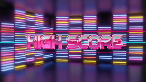 Animation-of-high-score-text-over-neon-columns-on-black-background