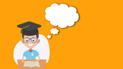 Animation-of-caucasian-schoolboy-with-graduation-cap-and-empty-thought-bubble-on-orange