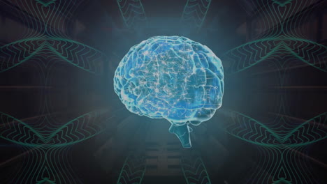 Animation-of-rotating-glowing-blue-brain-and-network-on-dark-background