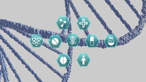 Animation-Medizinischer-Symbole-über-DNA-Auf-Grauem-Hintergrund