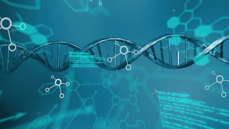 Animation-Von-Netzwerken-Und-Datenverarbeitung-über-DNA-Auf-Blauem-Hintergrund