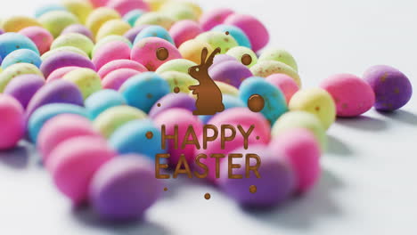 Animation-of-happy-easter-text-over-colourful-eggs-on-white-background