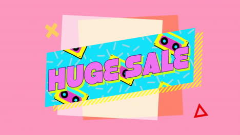 Animation-of-huge-sale-text-in-pink-on-retro-cassette-banner-over-squares-on-pink