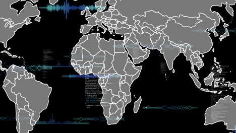 Animación-Del-Mapa-Mundial-Y-Procesamiento-De-Datos-Sobre-Fondo-Negro
