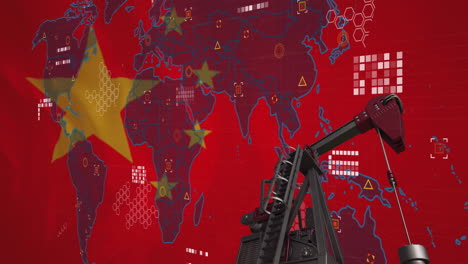 Animation-Eines-Ölbohrturms,-Einer-Weltkarte-Und-Datenverarbeitung-über-Der-Flagge-Chinas