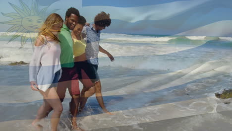 Animation-Der-Flagge-Von-Uruguay-über-Verschiedenen-Freunden-Am-Strand