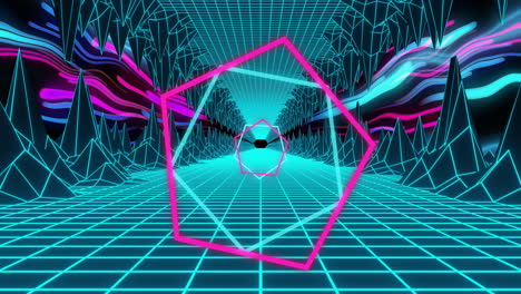 Animation-of-blue-and-pink-neon-waves-and-line-hexagons-over-digital-grid-and-landscape