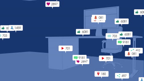 Animation-Von-Social-Media-Symbolen-Mit-Zahlen-über-Einem-Schreibtisch-Mit-Computer-Auf-Blauem-Hintergrund
