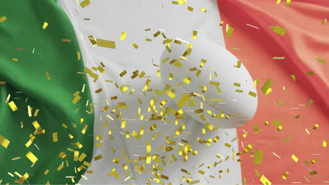 Animation-of-confetti-over-white-rugby-ball-and-flag-of-italy