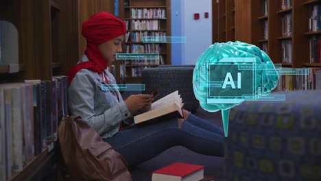 Animation-of-ai-text,-brain-and-data-over-biracial-female-student-in-hijab-reading-book
