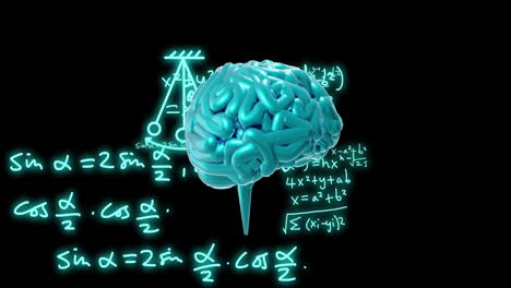 Animation-of-spinning-brain-over-mathematical-equations-and-figures