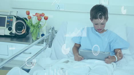 Animation-of-data-processing-over-caucasian-boy-patient-using-tablet