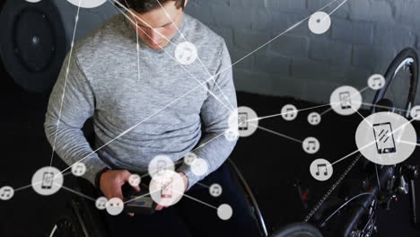 Animation-of-network-of-connections-with-icons-over-caucasian-man-using-smartphone