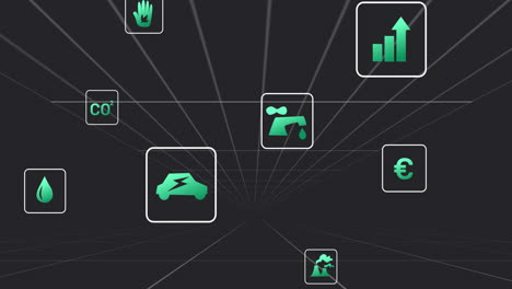 Animation-of-data-processing-and-eco-icons-on-grid-and-black-background