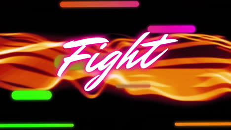 Animation-of-fight-text-in-glowing-pink-over-colourful-lines-and-orange-waves-on-black